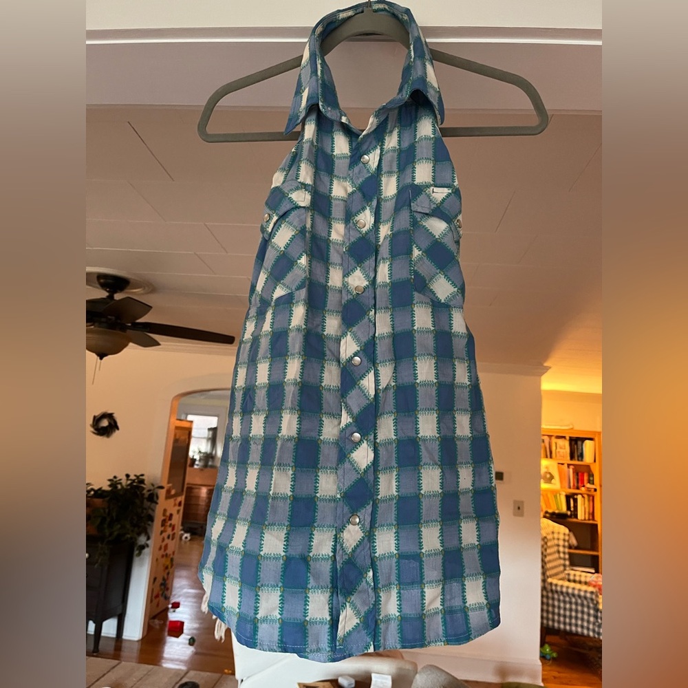 Reclaimed Western Button Down Halter Top Blue Green Plaid Pearl Buttons